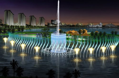 城市湖畔漂浮音樂水景噴泉